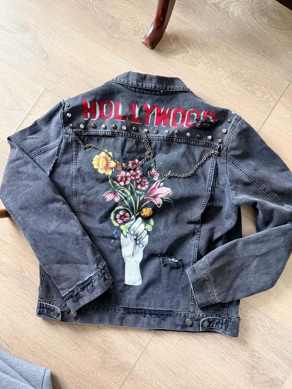 Gucci Distressed Grey Studded Hollywood 'Cemetery' Denim Jacket